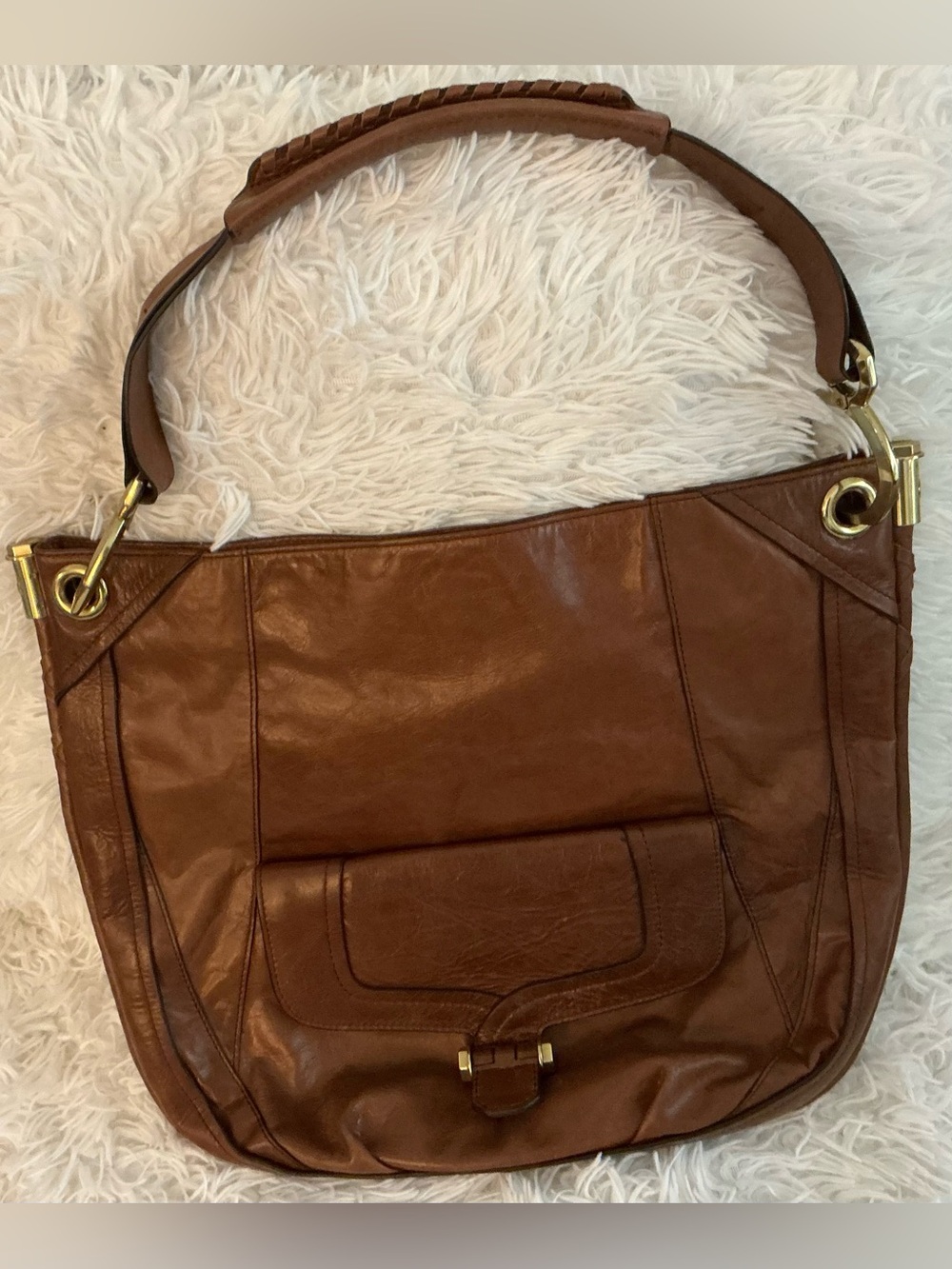 orYANY Brown Leather Large Shoulder Bag Gold Hardware Whipstitch Boho - Picture 2 of 12